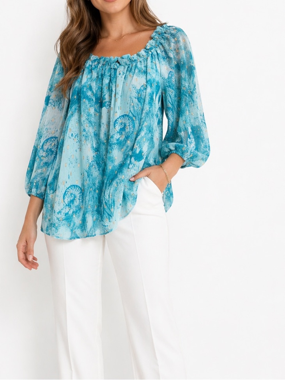 White House Black Market Blue Boho Blouse XL Flowy Lightweight Career Casual Top